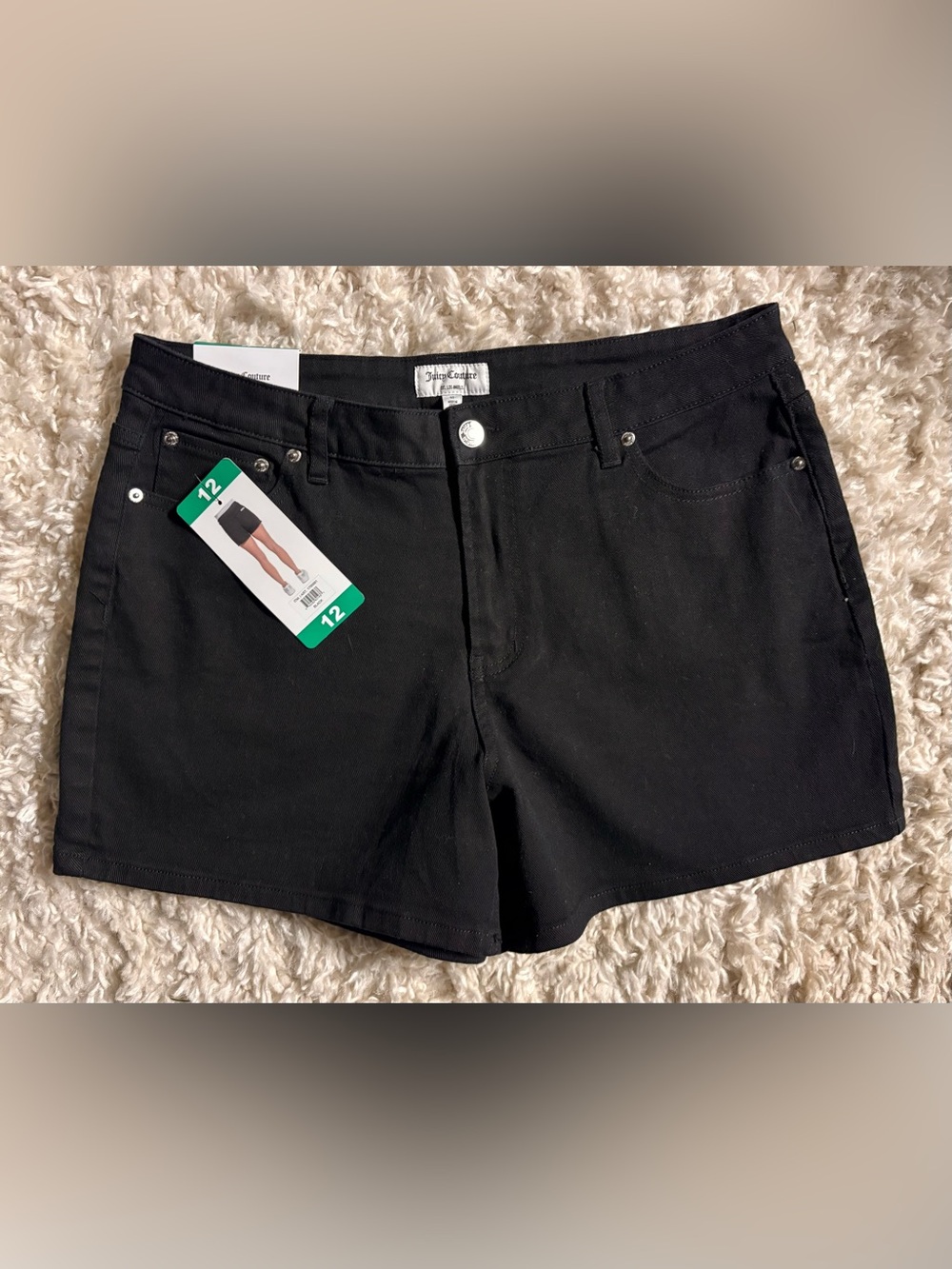 NWT Juicy Couture Black Denim Shorts Side 12 34” Waist Cotton & Spandex